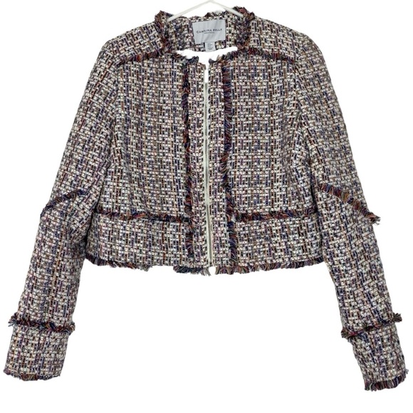 Carolina Belle Tweed Jacket Women Size Medium Cropped Blazer Multi Zip Up Fringe - Picture 1 of 10